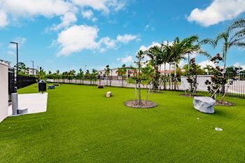a dog park with grass and palm trees and a fence at Vantage apartments in cape coral, fl